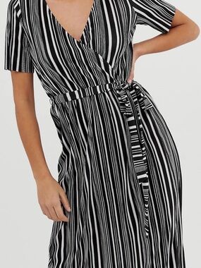 ASOS Black & White Striped Wrap Midi Dress